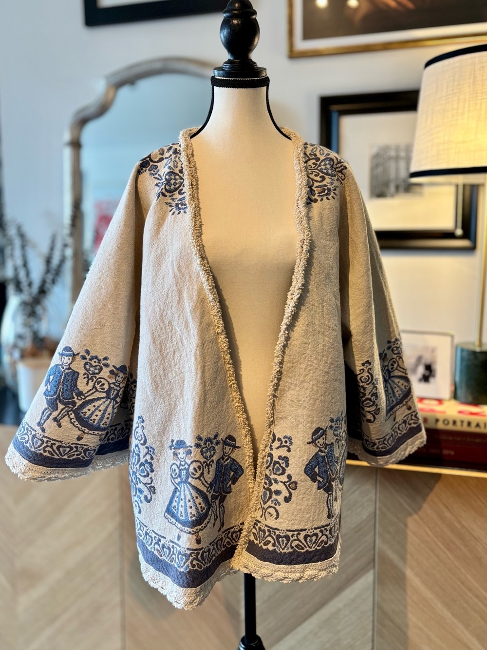 🧵 HANDMADE Embroidered Cream & Blue Boho Kimono Linen Blend Jacket O/S - Picture 2 of 15